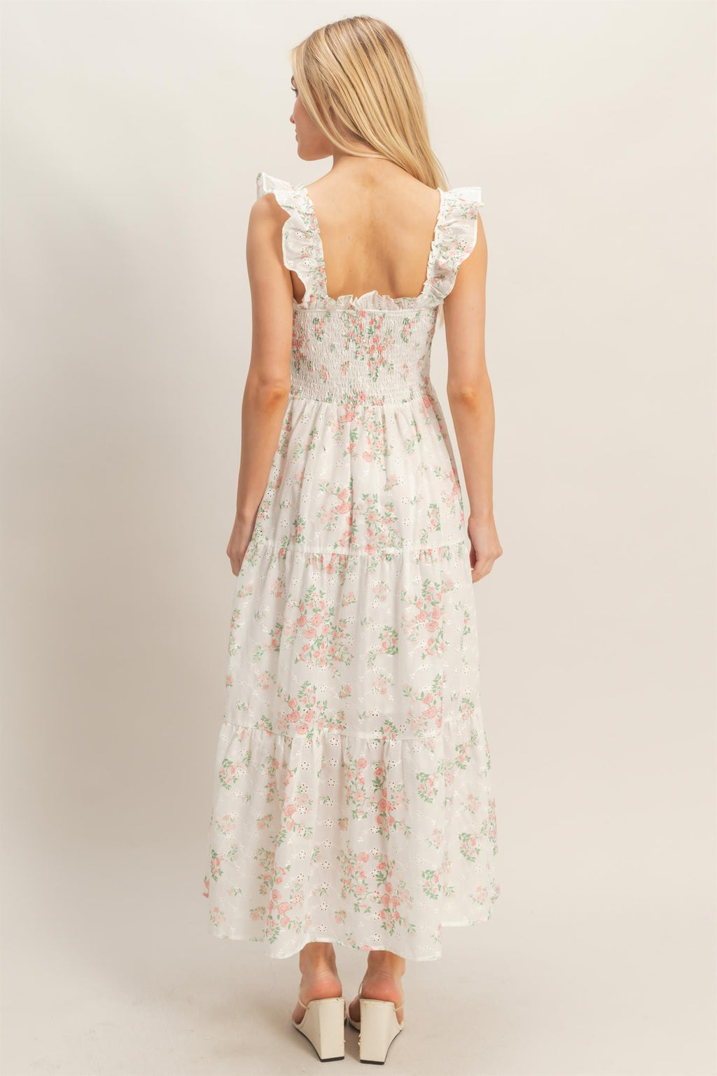 Pretty In Pink Smocked Floral Ruffle Strap Dress
