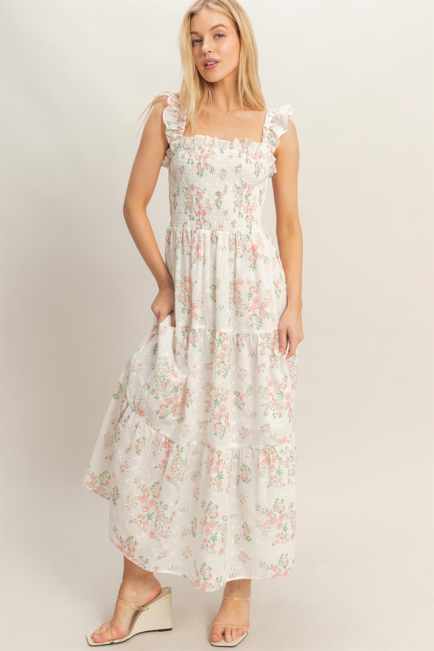 Pretty In Pink Smocked Floral Ruffle Strap Dress