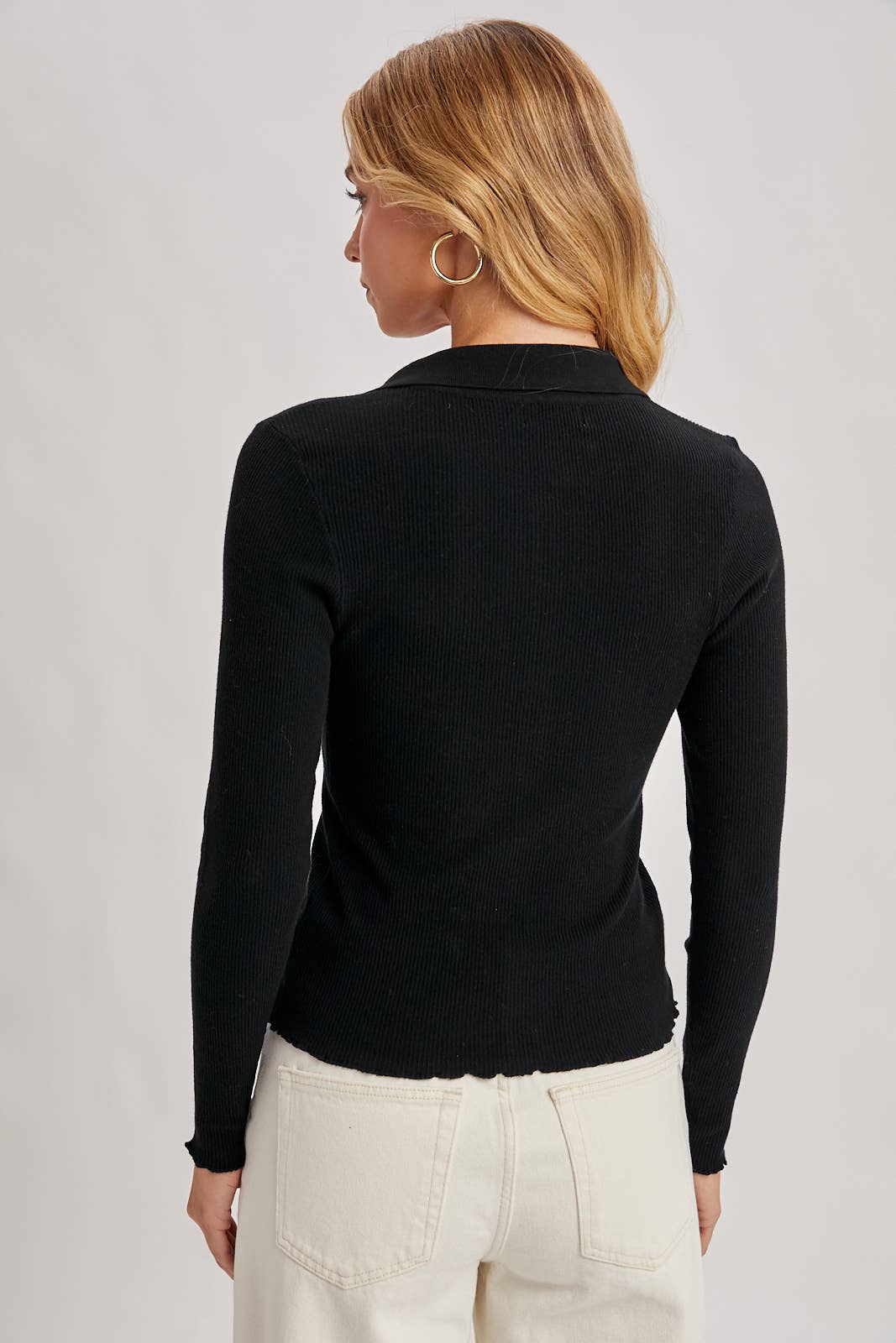 Black Ribbed Polo Top with Lettuce Edge Detail