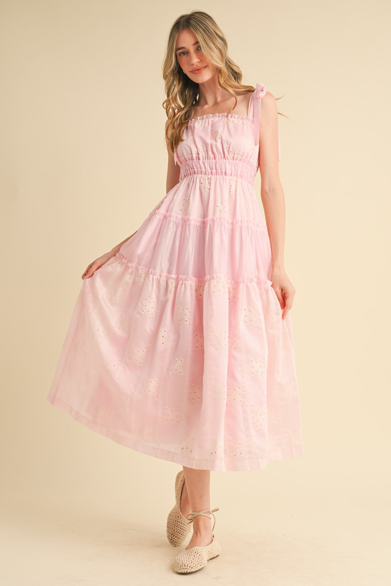 Tiered Eyelet Midi Dress