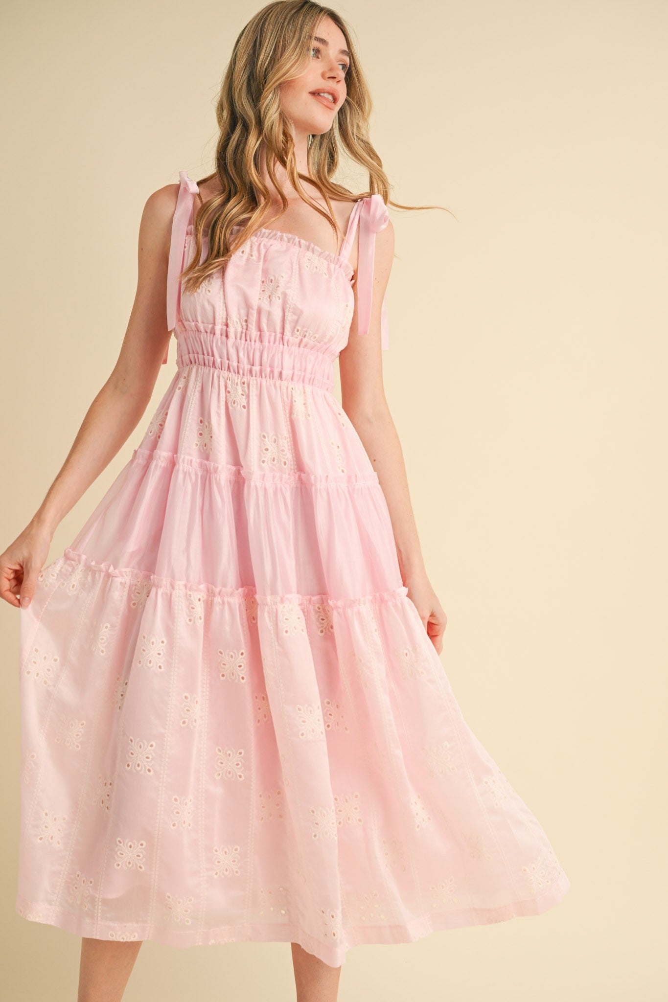 Tiered Eyelet Midi Dress