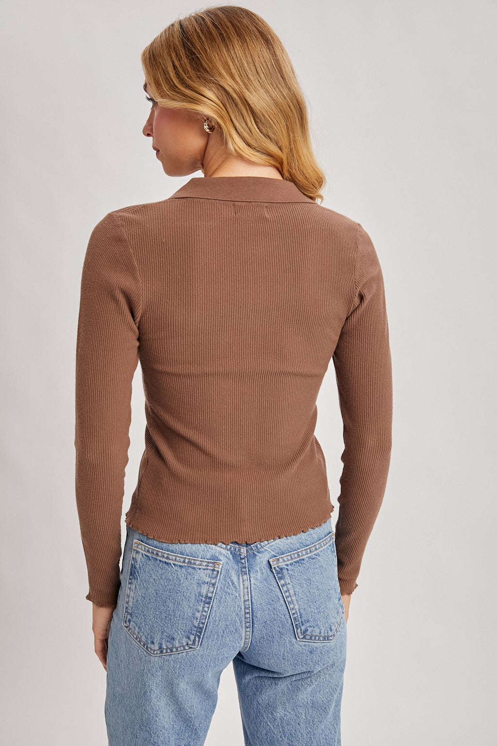 Button Down Ribbed Knit Polo Top