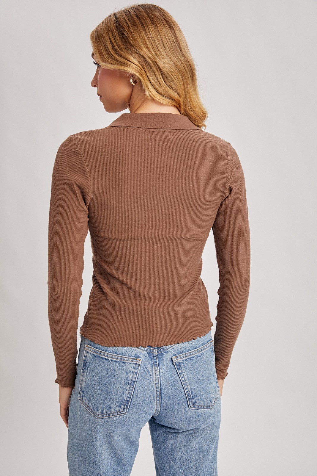 Button Down Ribbed Knit Polo Top