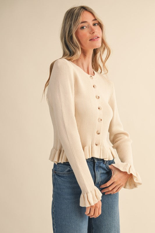 Ruffle Hem Ribbed Knit Sweater Cardigan In Eggshell