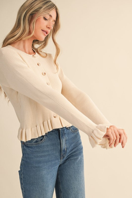 Ruffle Hem Ribbed Knit Sweater Cardigan In Eggshell