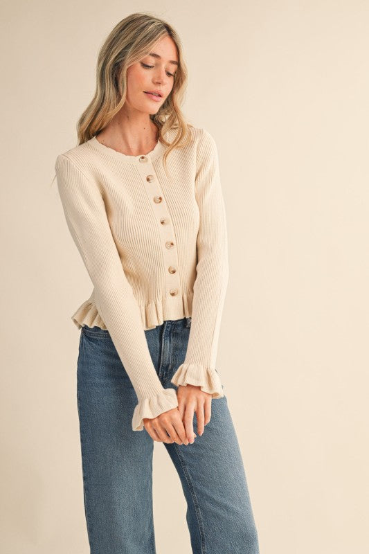 Ruffle Hem Ribbed Knit Sweater Cardigan In Eggshell