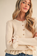 Ruffle Hem Ribbed Knit Sweater Cardigan In Eggshell