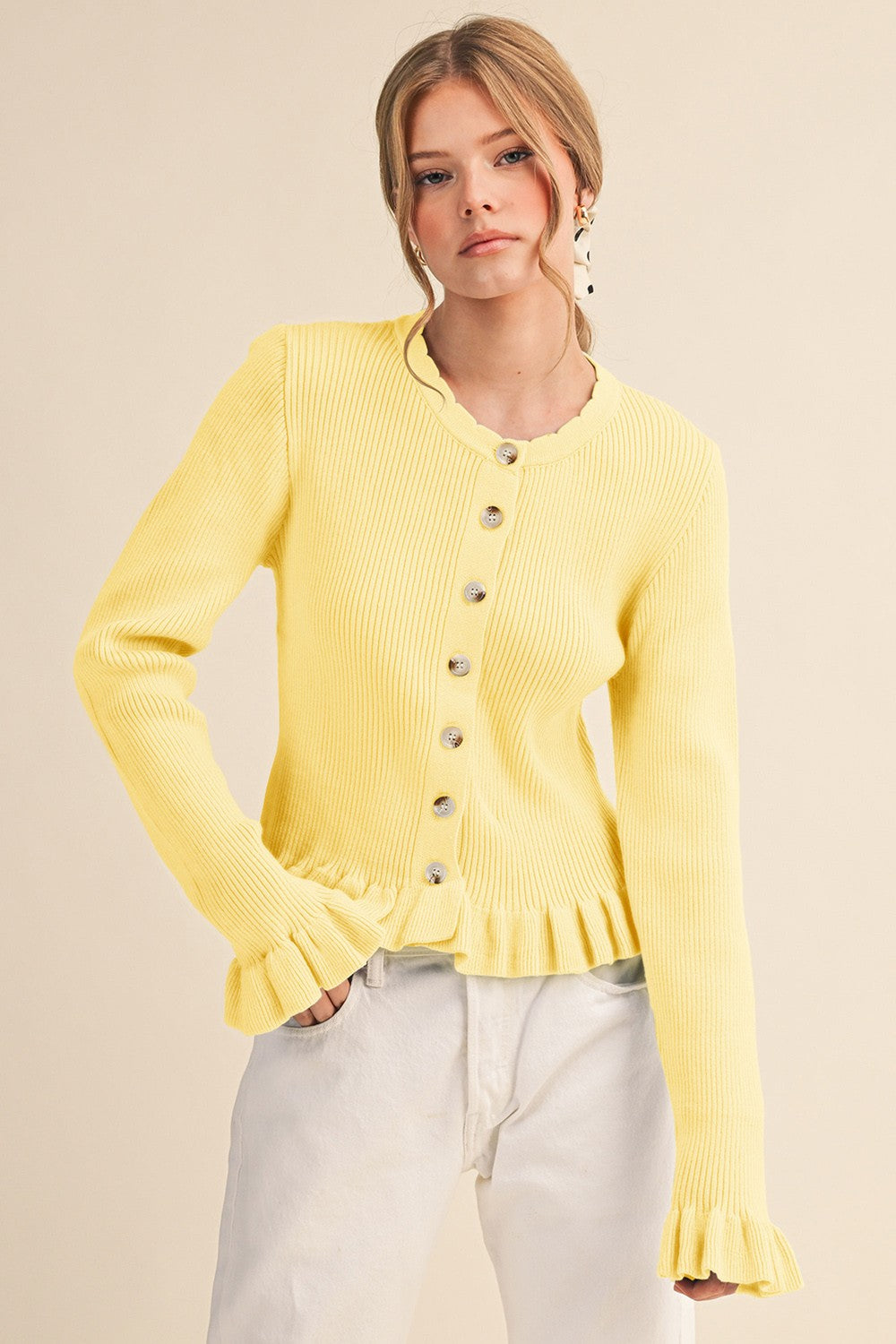 Ruffle Hem Ribbed Knit Sweater Cardigan In Butter