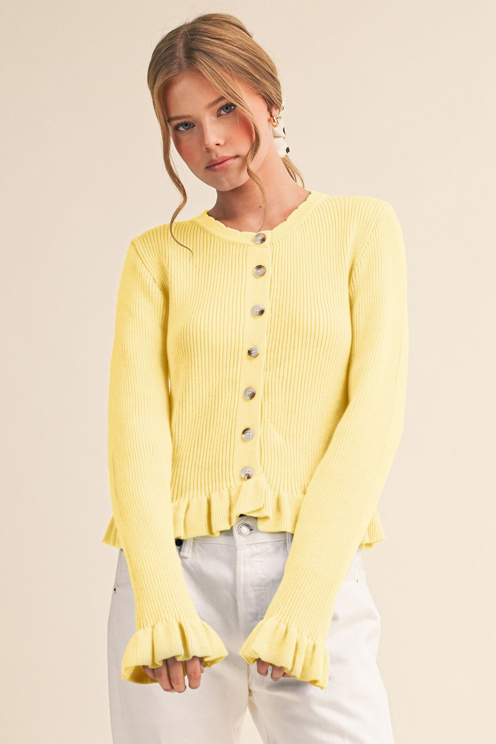 Ruffle Hem Ribbed Knit Sweater Cardigan In Butter