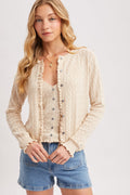 Button Down Pointelle Knit Ruffled Hem Cardigan