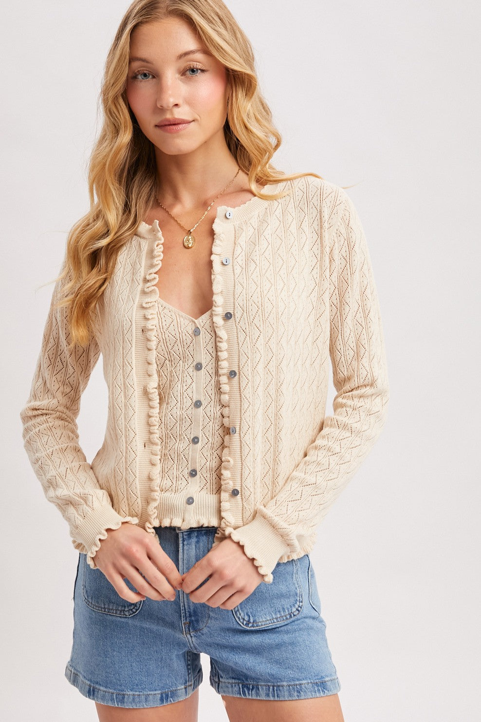 Button Down Pointelle Knit Ruffled Hem Cardigan