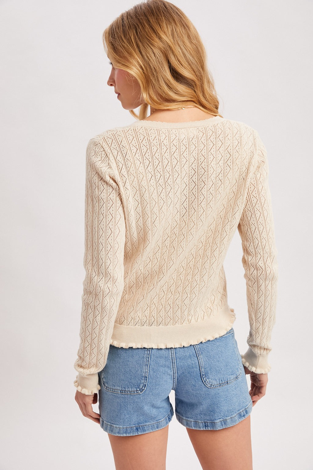 Button Down Pointelle Knit Ruffled Hem Cardigan