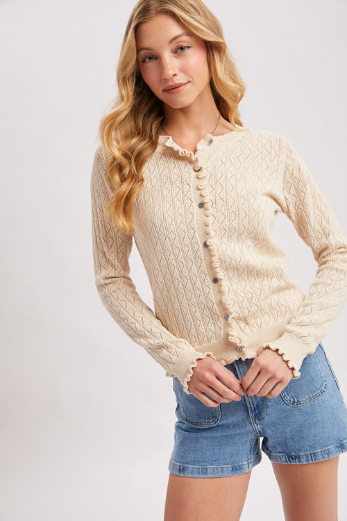 Button Down Pointelle Knit Ruffled Hem Cardigan