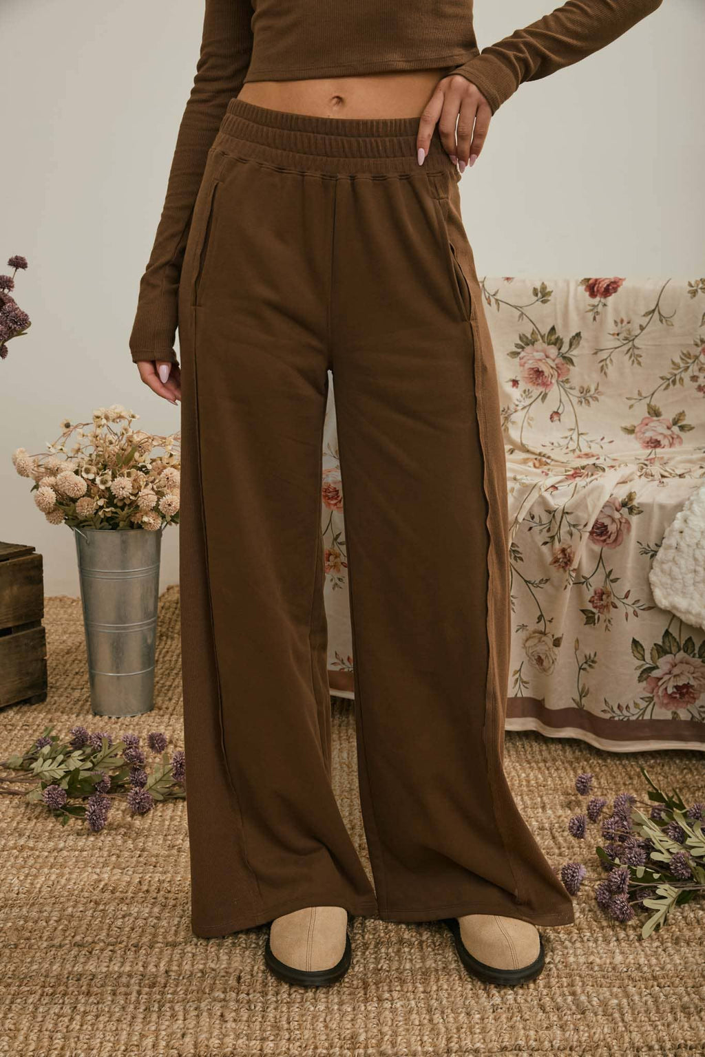 Brown Side Panel Knit Lounge Pants