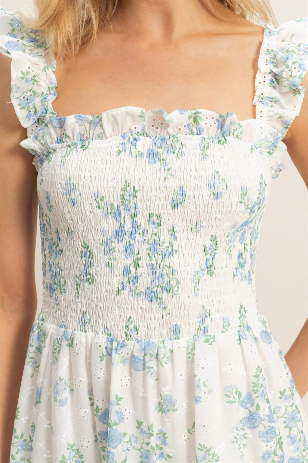 Beautiful In Blue Smocked Floral Ruffle Strap Dress