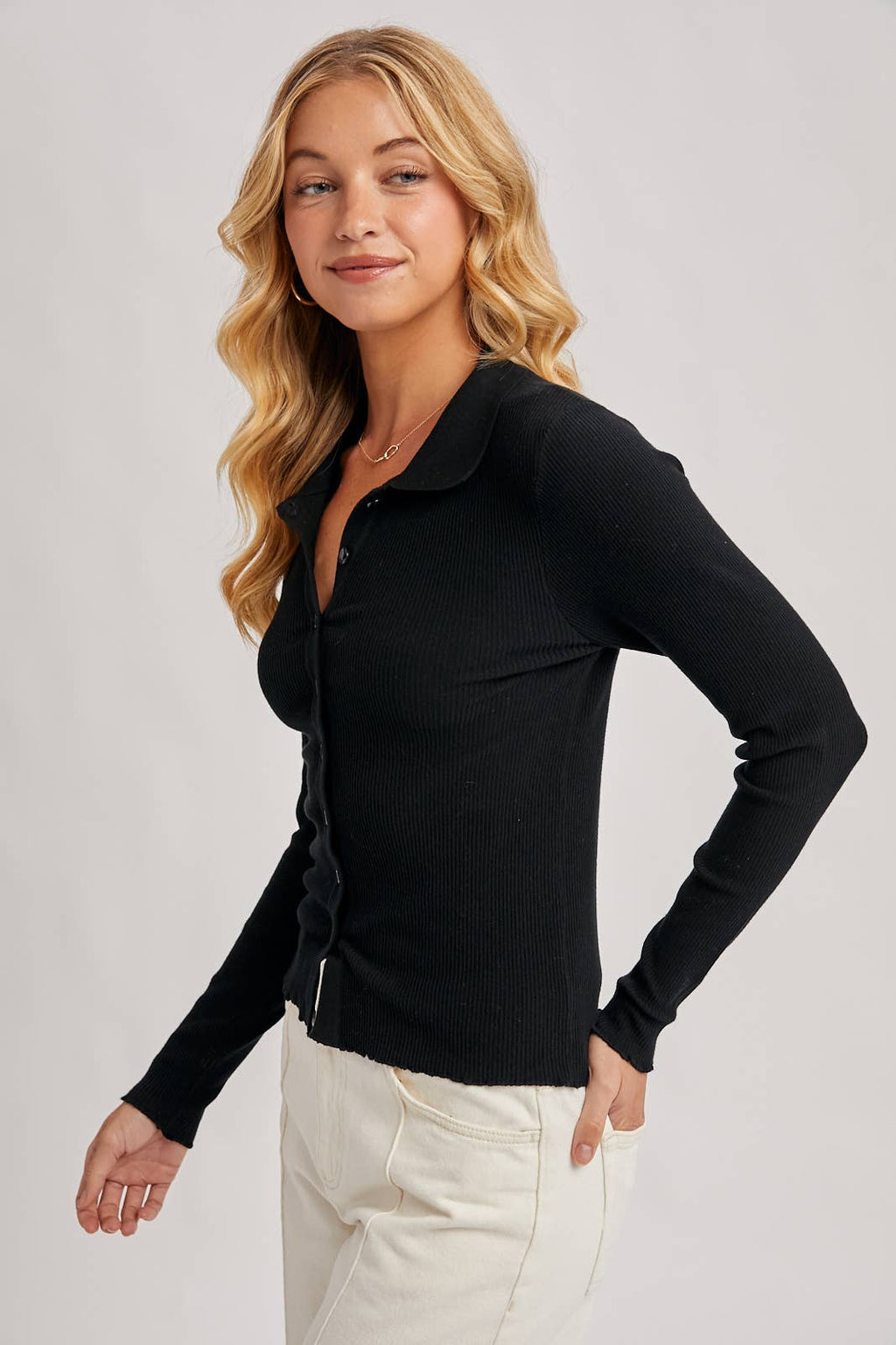 Black Ribbed Polo Top with Lettuce Edge Detail