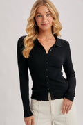 Black Ribbed Polo Top with Lettuce Edge Detail
