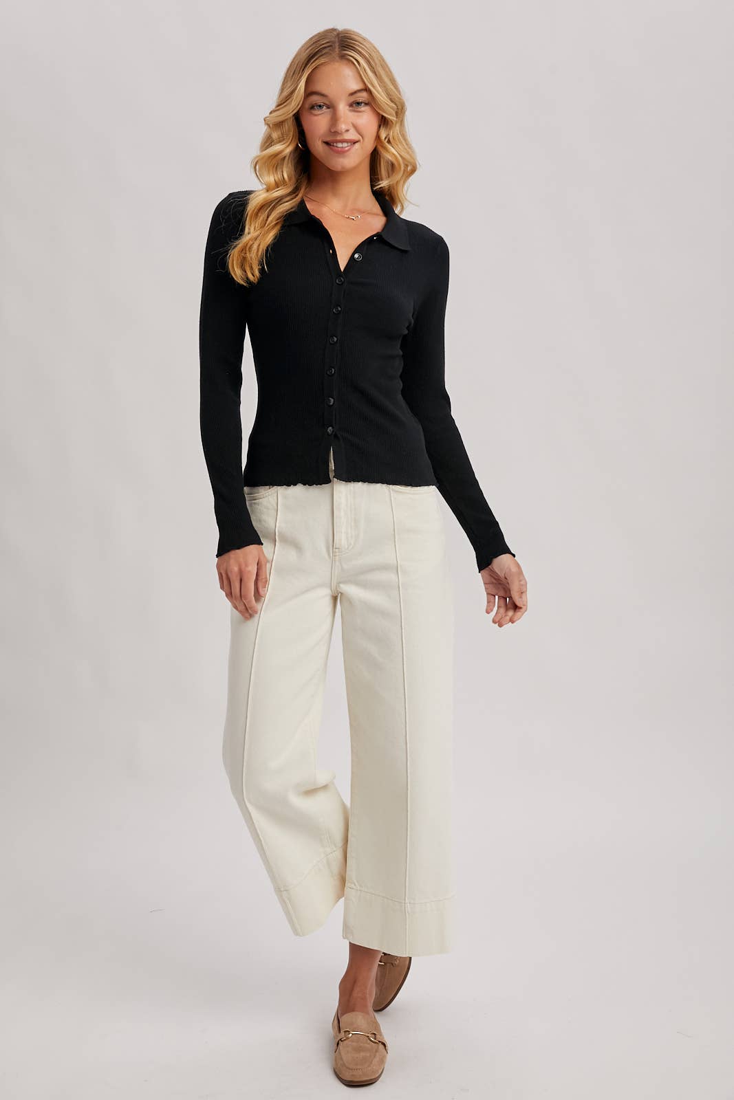 Black Ribbed Polo Top with Lettuce Edge Detail