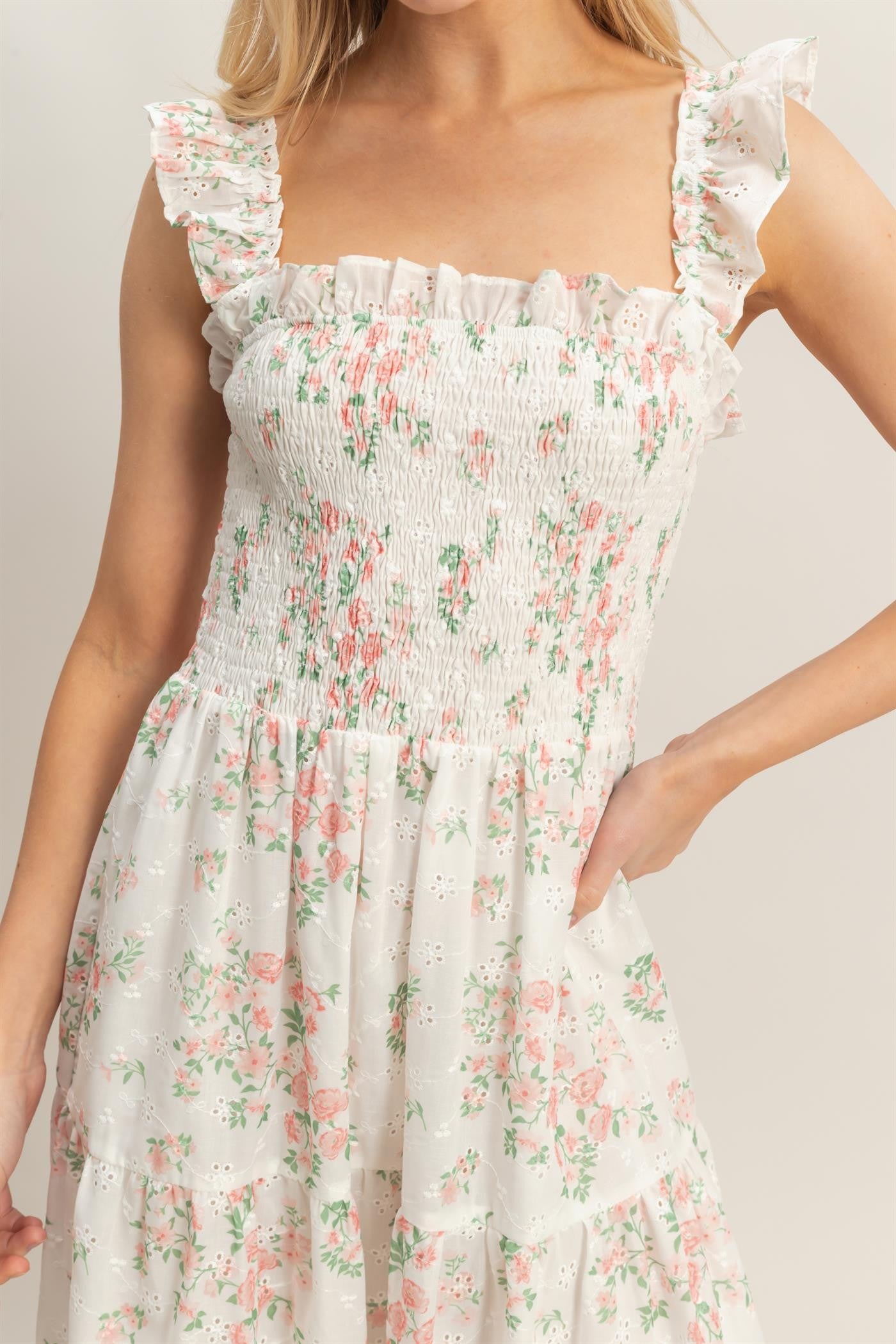 Pretty In Pink Smocked Floral Ruffle Strap Dress