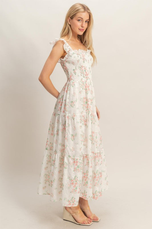 Pretty In Pink Smocked Floral Ruffle Strap Dress